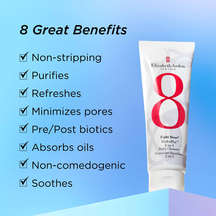 8 Great Benefits. Non-stripping, purifies, refreshes, minimizes pores, pre/post biotics, absorbs oils, non-comedogenic, and soothes