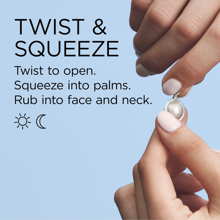 Twist and squeeze. Twist to open. Squeeze into palms. Rub into face and neck.