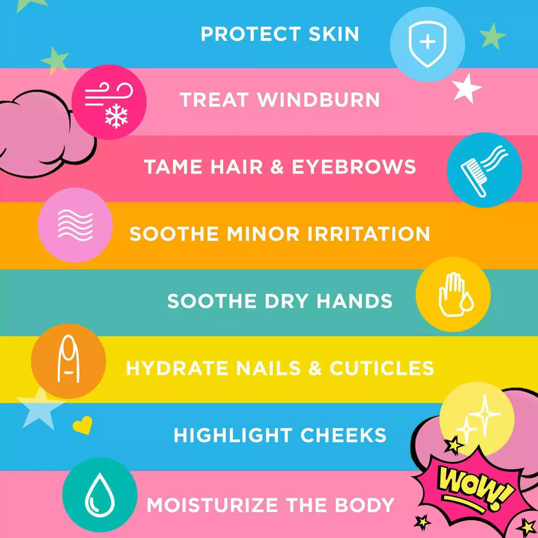 8 ways to use - protect skin, treat windburn, tame hair and eyebrows, soothe minor irritation, soothe dry hands, hydrate nails and cuticles, highlight cheeks, and moisturize the body