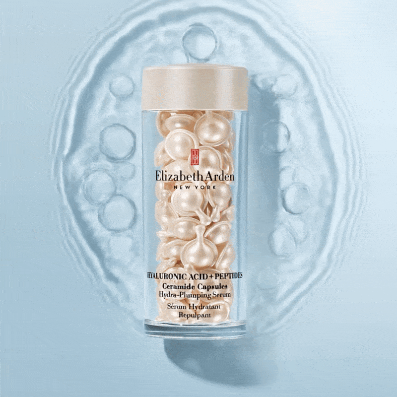 The NEW HA Ceramide Capsules Serum on a blue, water droplet rippling animation