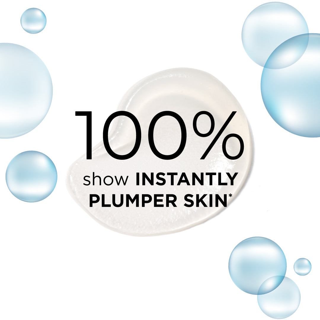 Benefit of the NEW HA Capsules, "100% show instantly plumper skin*" on a white background with blue bubbles