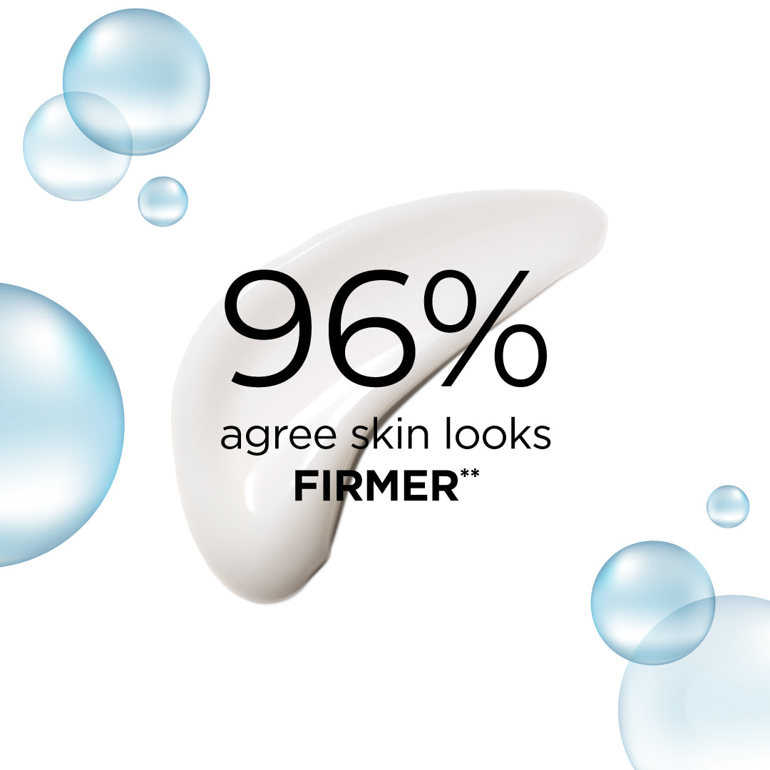 Benefit of the NEW HA Water Cream, "96% agree skin looks firmer**" on a white background with blue bubbles