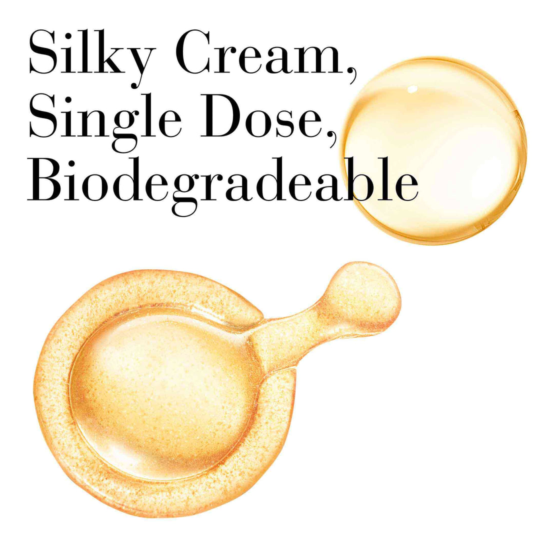 Silky cream droplets with text 'Silky Cream, Single Dose, Biodegradable' on a white background