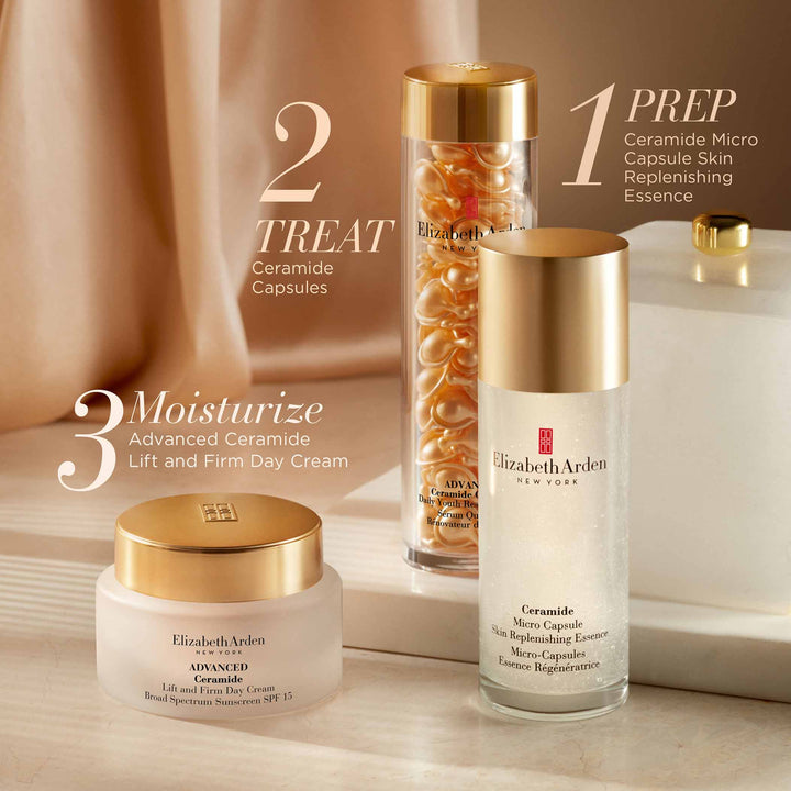 1 Prep with Ceramide Micro Capsule Skin Replenishing Essence, 2 Treat with your choice of Ceramide Capsules and 3 Moisturise with Advanced Ceramide Lift and Firm Day Cream SPF15