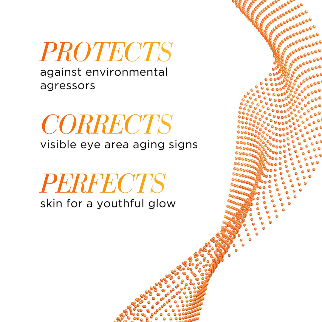 Protects against environmental agressors, Corrects visible eye area ageing signs, Perfects skin for a youthful glow