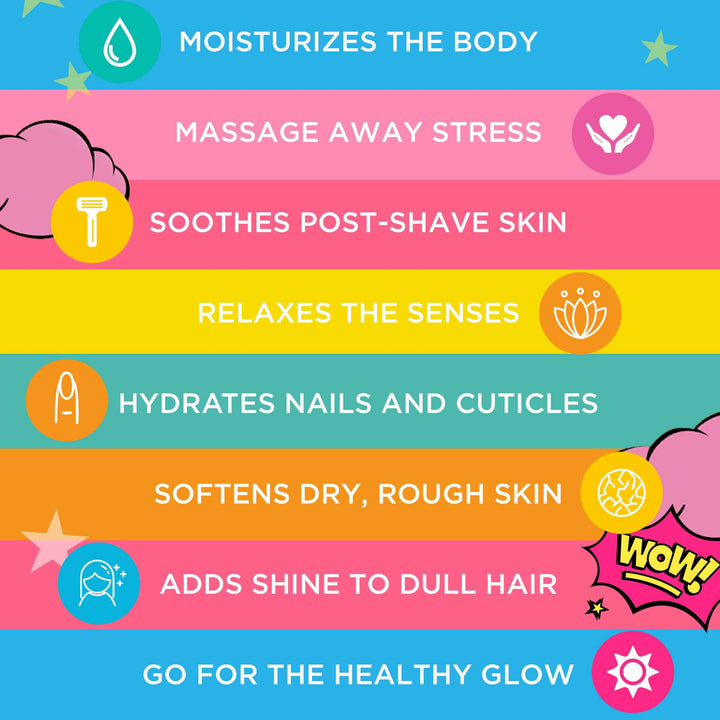 Moisturises the body, massage away stress, soothes post-shave skin, relaxes the senses, hydrates nails and cuticles, softens dry, rough skin, adds shine to dull hair and go for the healthy glow