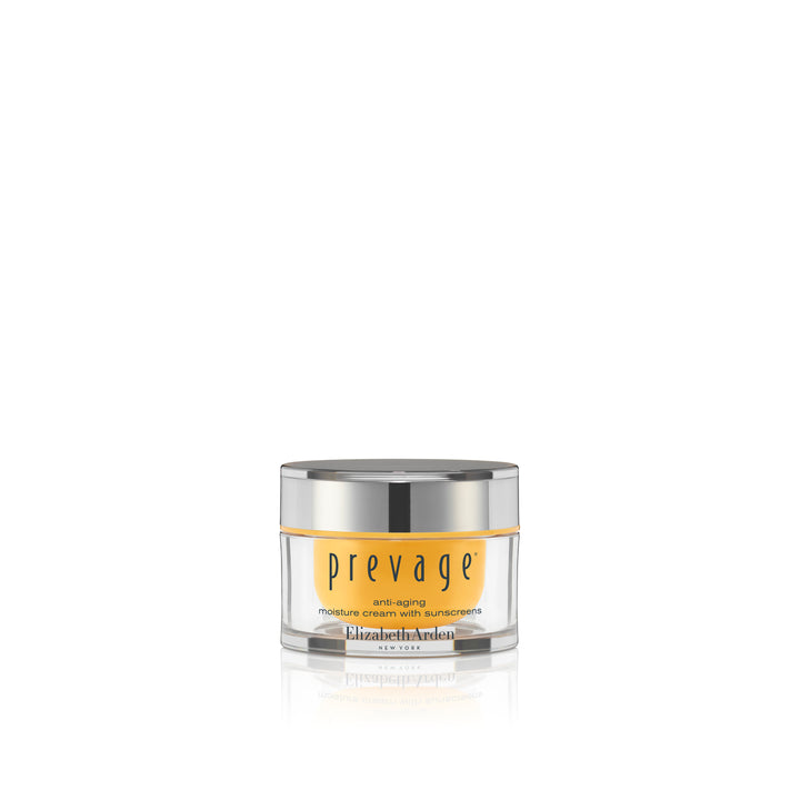 Prevage anti-aging moisture cream jar with silver lid on a white background