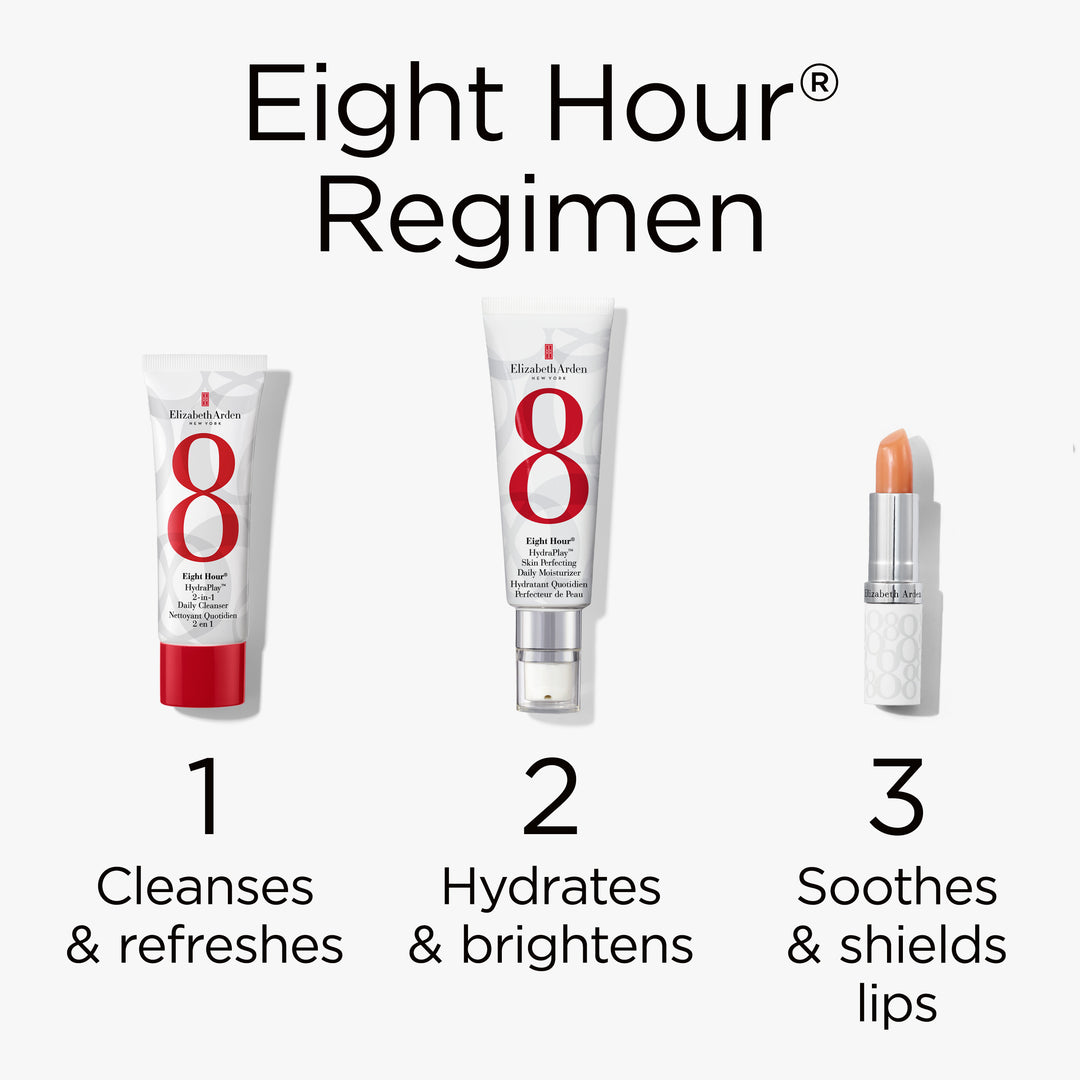 Eight Hour Regimen. 1. Cleanses % Refeshes. 2. Hydrates & brightens. 3. Soothes & shields lips.