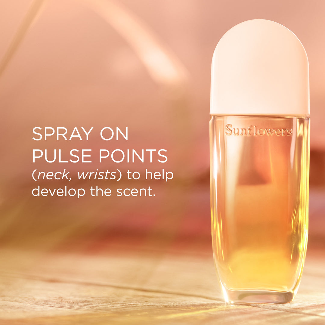 Sunflower perfume bottle with spray instructions on a blurred background