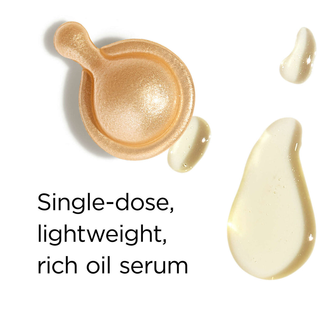 Single-dose, lightweight, rich oil serum with droplets and text on a white background