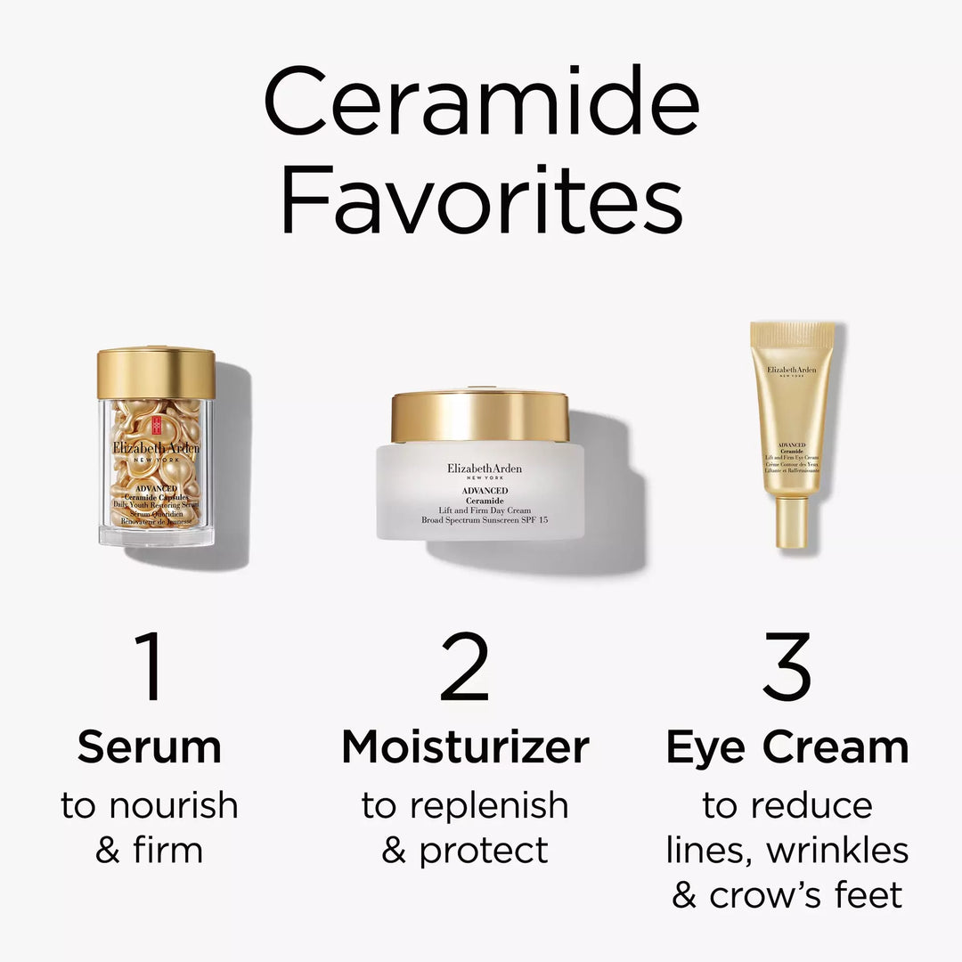 Ceramide Favorites. Step 1 Use Advanced Ceramide Capsule Serum to nourish and firm. Step 2 Use Advanced Lift and Firm Day Cream SPF as moisturizer to replenish and protect. Step 3 Use Advanced Lift and Firm Eye Cream to reduce lines, wrinkles and crow's feet