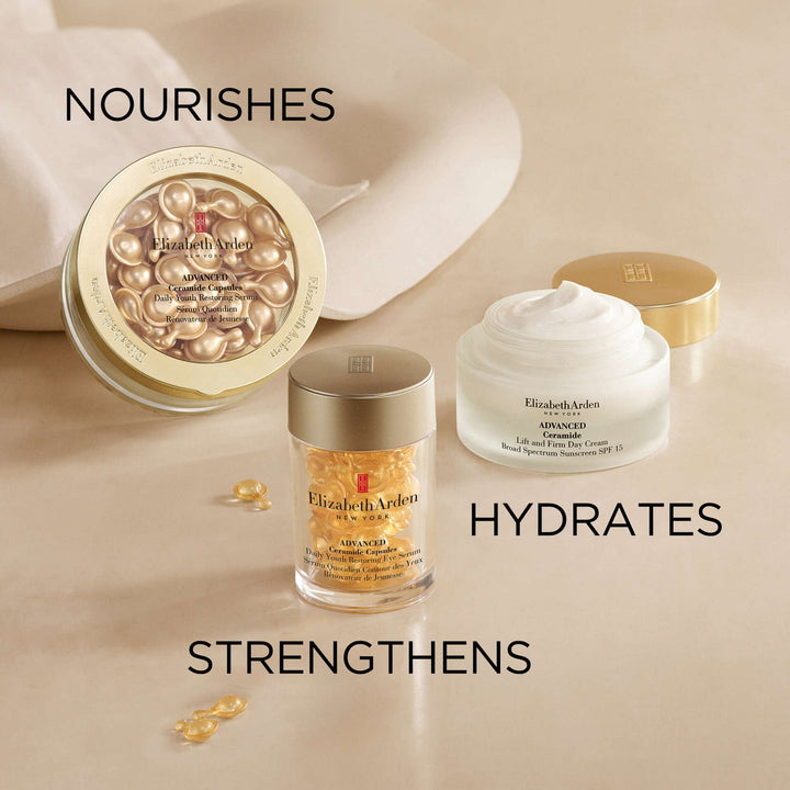 Elizabeth Arden skincare products on a beige background with text indicating benefits.